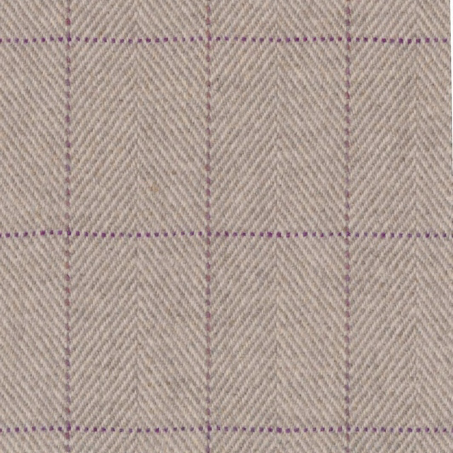 Taupe herringbone fabric with muted plum-purple check lines and softly textured weave