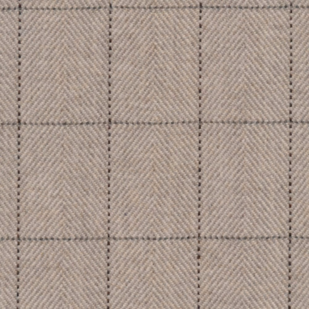 Stone-beige woven fabric with dark stitched plaid lines and herringbone texture