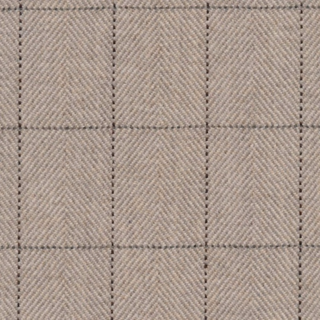 Stone-beige woven fabric with dark stitched plaid lines and herringbone texture