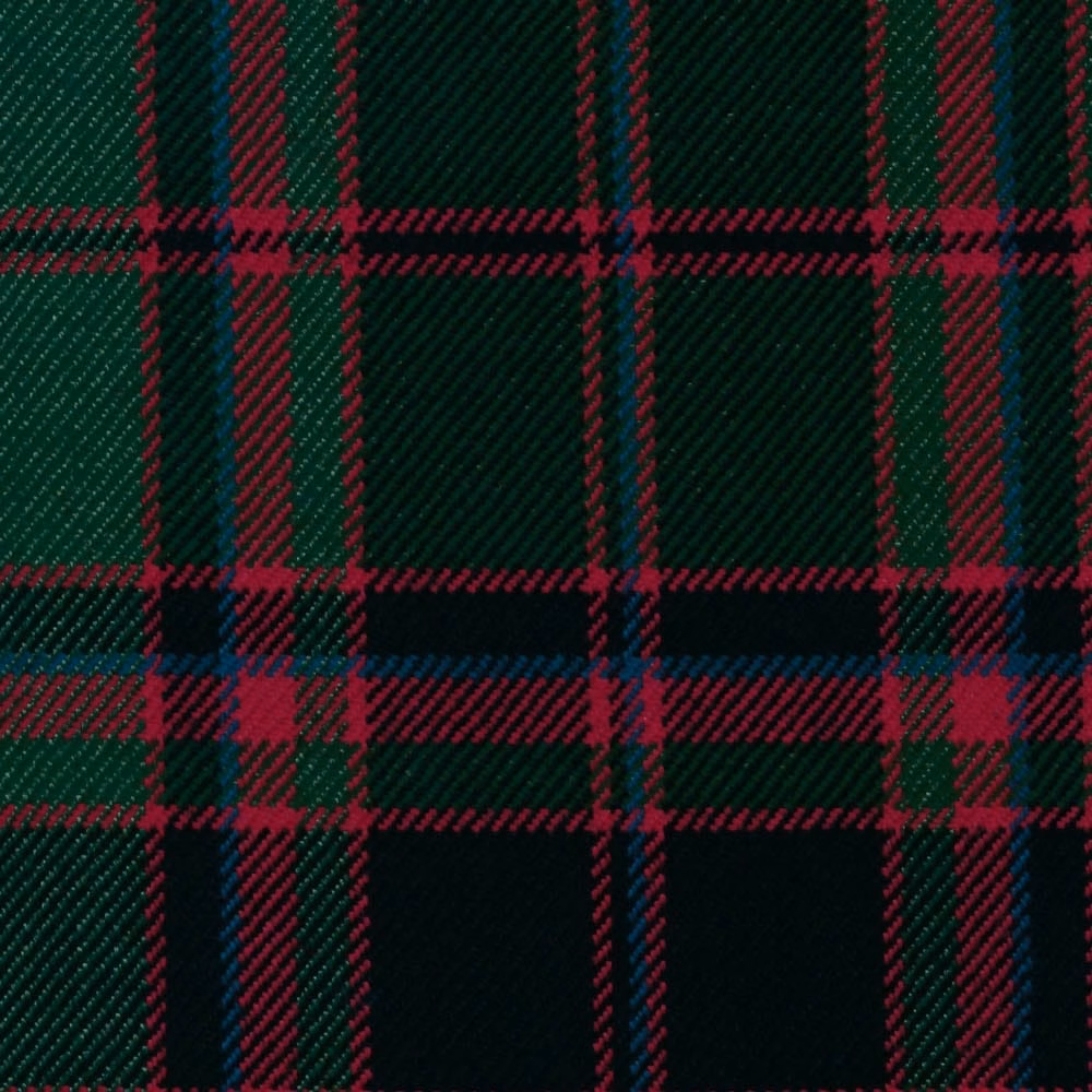 Deep forest-green tartan with burgundy and navy checks in a textured diagonal twill weave