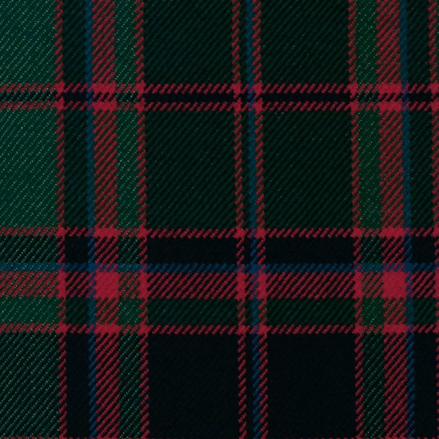 Deep forest-green tartan with burgundy and navy checks in a textured diagonal twill weave