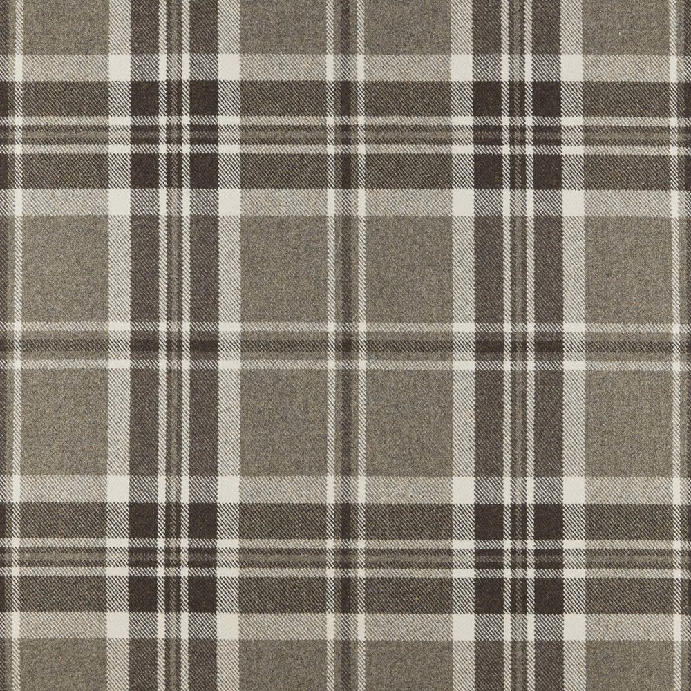 Muted peat-grey plaid with cream and charcoal windowpane checks, showing a woven texture