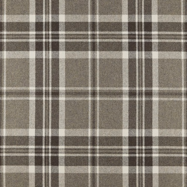 Muted peat-grey plaid with cream and charcoal windowpane checks, showing a woven texture