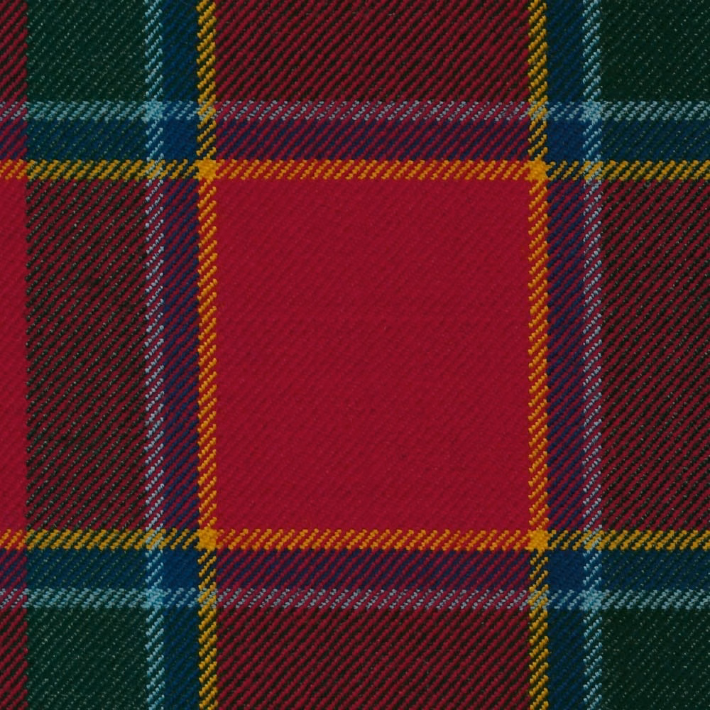 Crimson red tartan swatch with forest green, teal and mustard check lines