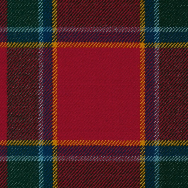 Crimson red tartan swatch with forest green, teal and mustard check lines