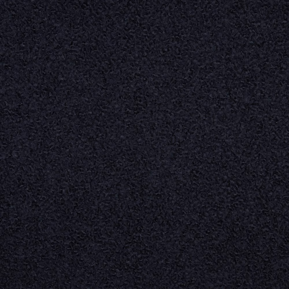 Near-black boiled wool bouclé with dense charcoal curls and low sheen