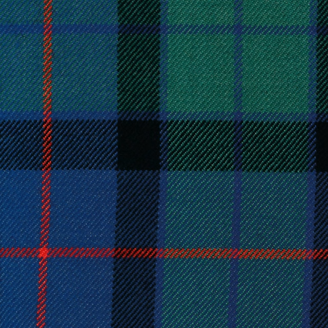 Close-up of blue and green tartan with red overcheck lines and diagonal weave