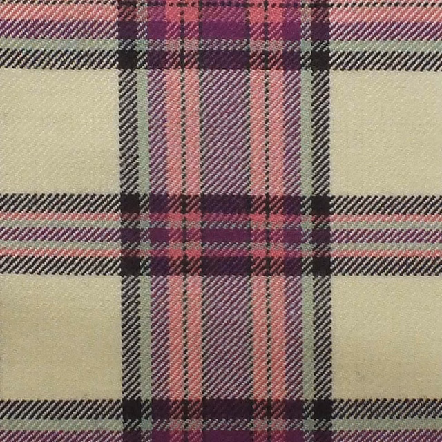 Deep magenta plaid with cream grounds, charcoal lines and olive accents