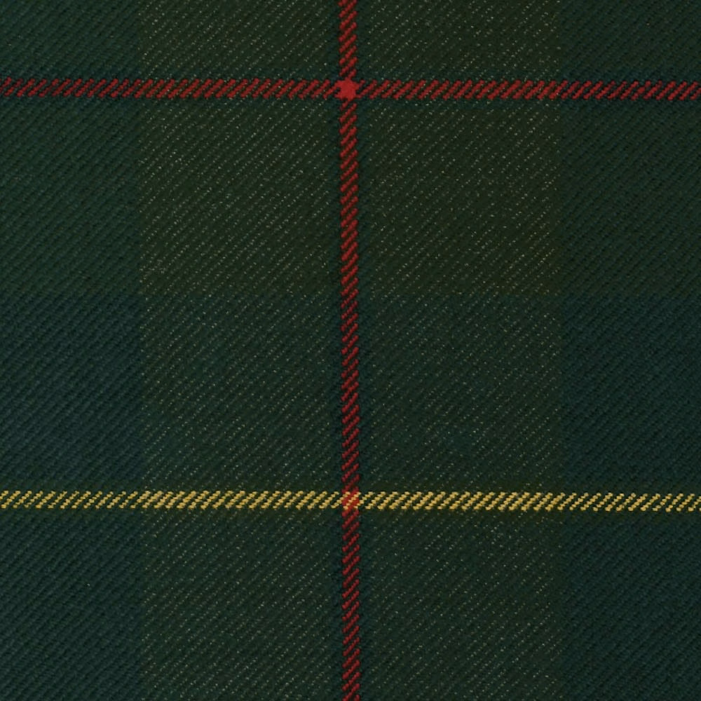 Deep green tartan fabric with red and mustard crossing lines and a fine textured weave