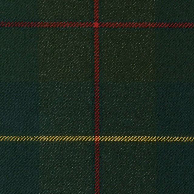 Deep green tartan fabric with red and mustard crossing lines and a fine textured weave
