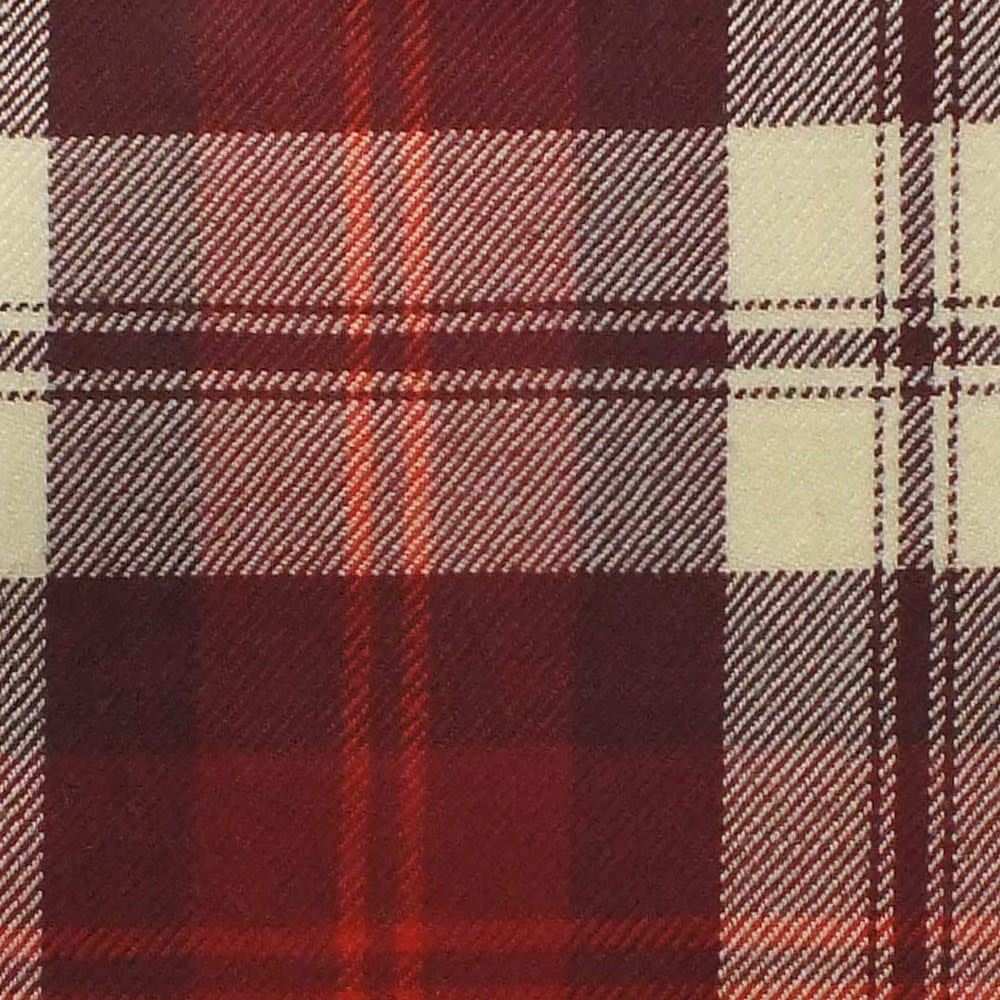 Close view of cherry red tartan with cream checks and dark woven stripes