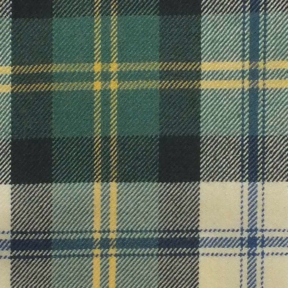 Deep green tartan plaid with cream, charcoal, and mustard stripes