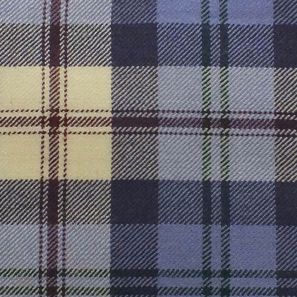 Muted lilac and slate plaid with cream blocks, charcoal bands, green and burgundy overchecks