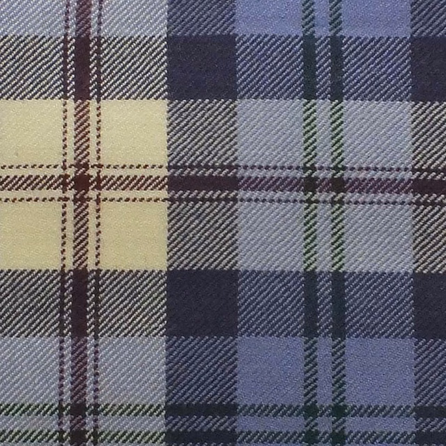 Muted lilac and slate plaid with cream blocks, charcoal bands, green and burgundy overchecks