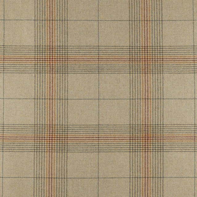 Warm malt-beige plaid with fine rust, charcoal and muted green woven stripes