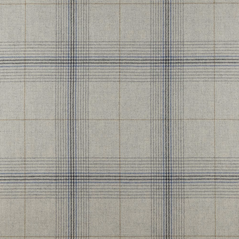 Pale sky-blue and cream plaid textile with fine navy-grey lines and woven texture