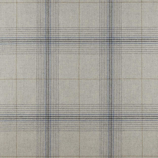 Pale sky-blue and cream plaid textile with fine navy-grey lines and woven texture