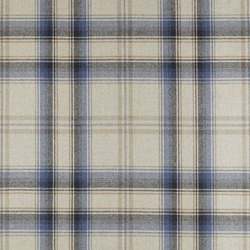 Muted blue and cream plaid fabric with layered woven checks and navy intersections