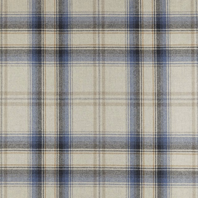 Muted blue and cream plaid fabric with layered woven checks and navy intersections