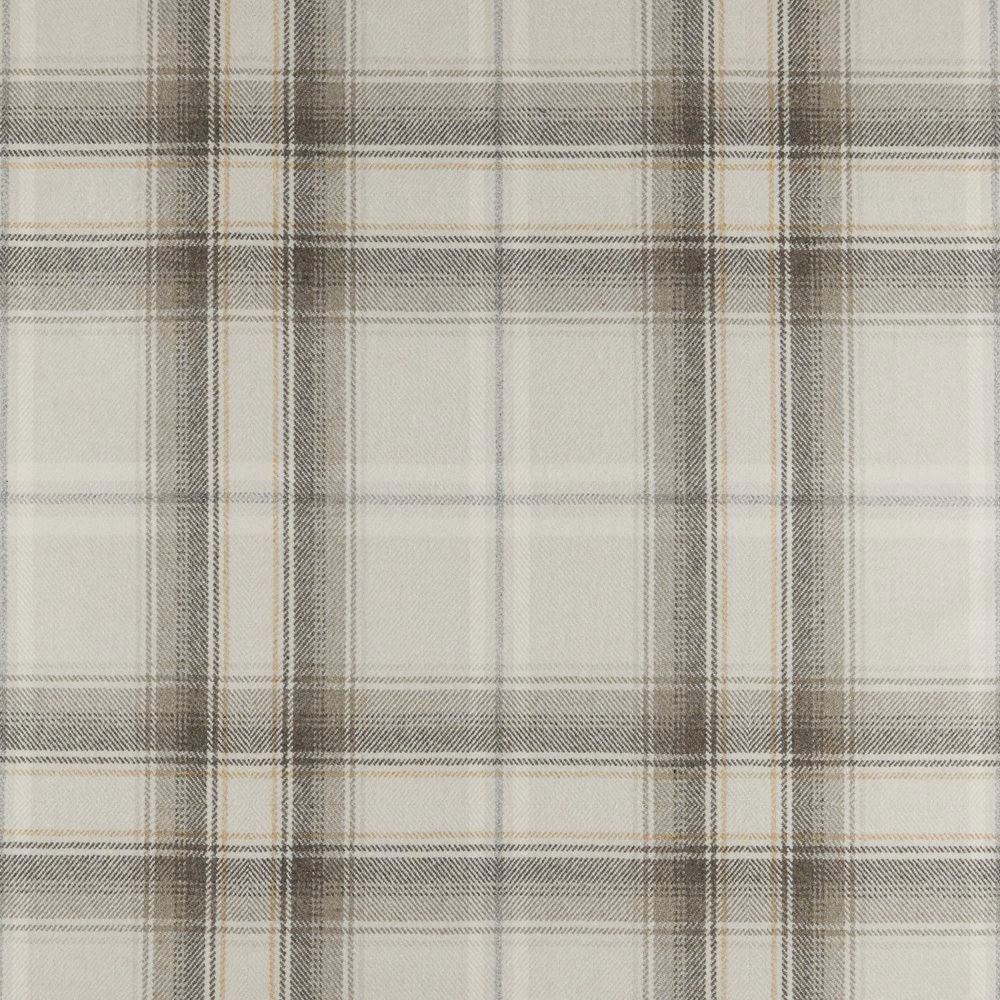 Pale grey and cream plaid fabric with charcoal lines and a softly woven surface