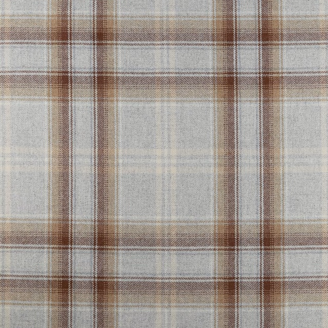 Soft grey plaid with warm brown windowpane lines and fine woven texture