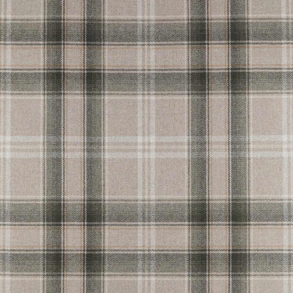 Muted taupe plaid with cream lines and deep olive-grey woven bands