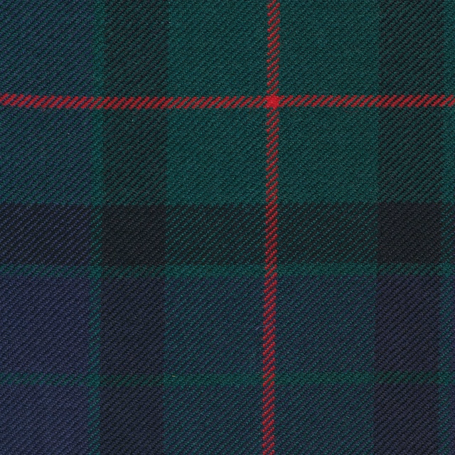 Deep teal and navy tartan with fine red lines and diagonal twill texture