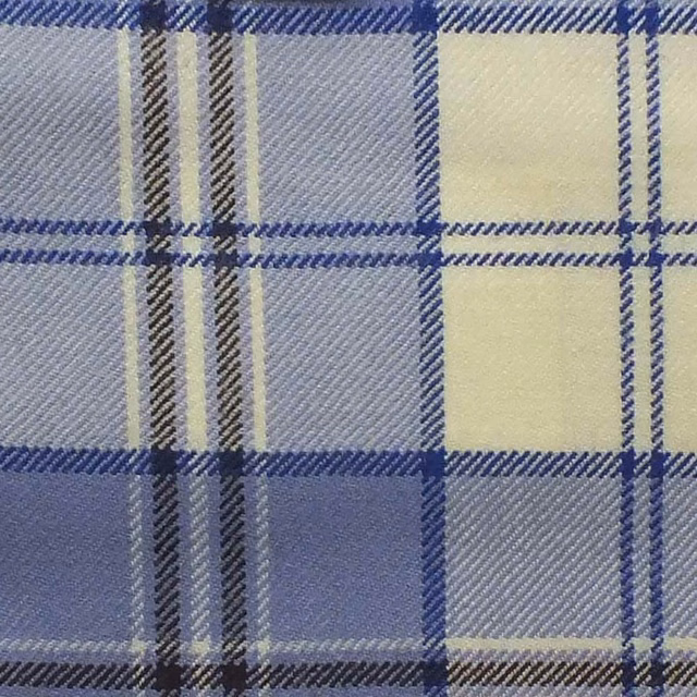 Muted lilac and cream plaid with navy lines and fine diagonal weave