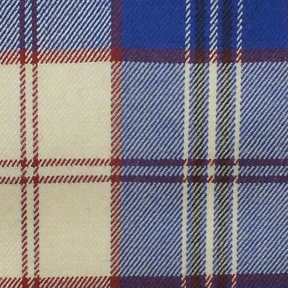Royal-blue plaid with cream blocks, burgundy stripes and a fine diagonal weave