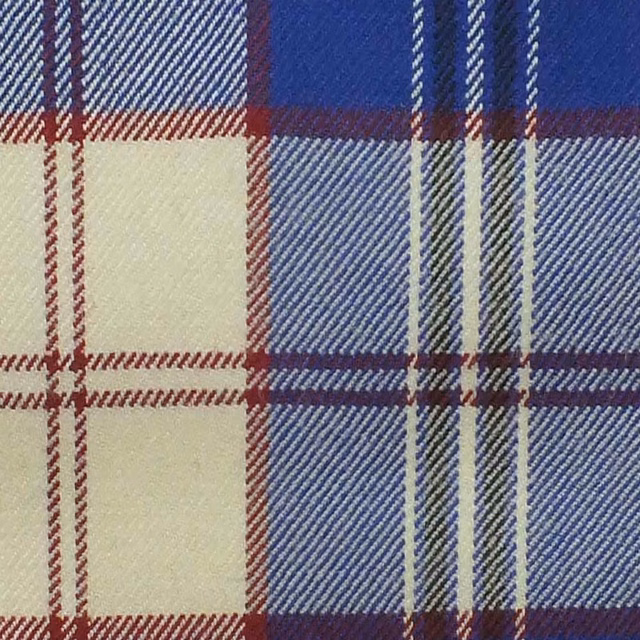 Royal-blue plaid with cream blocks, burgundy stripes and a fine diagonal weave