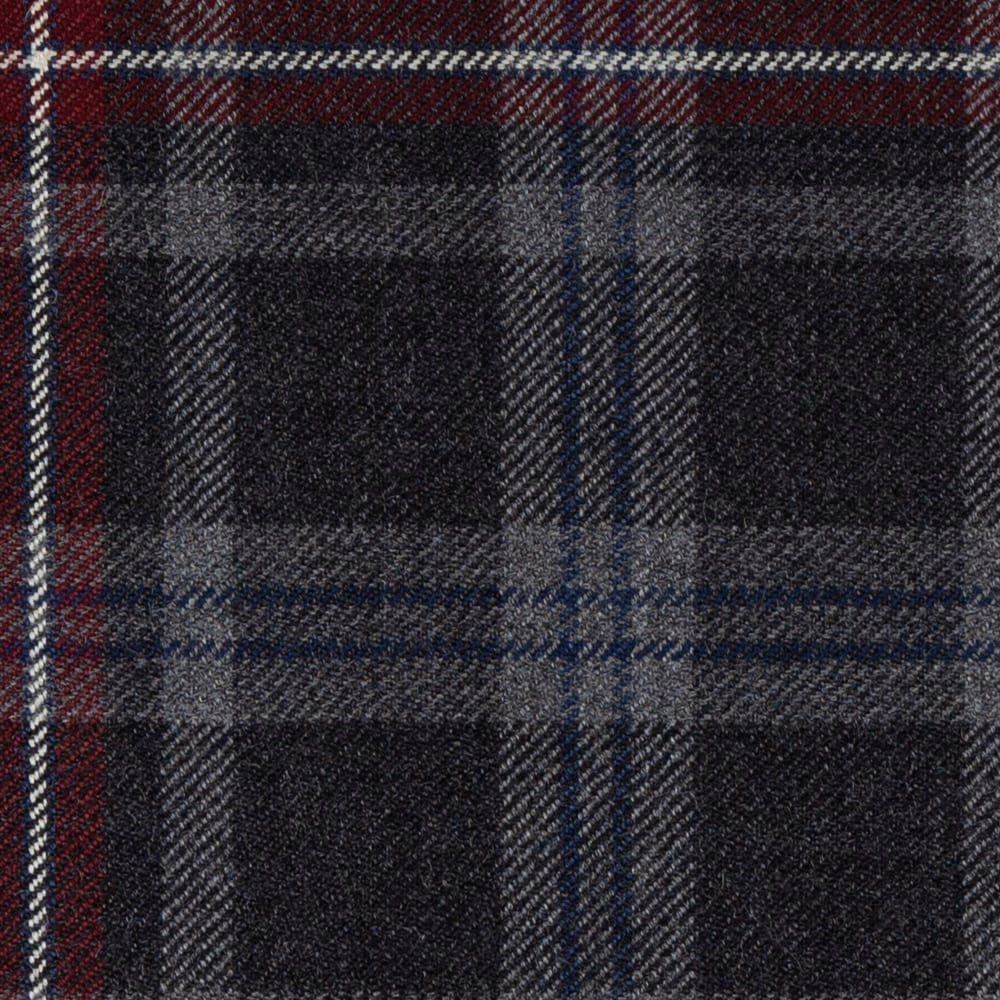 Dark charcoal tartan with muted blue, grey and burgundy lines in a twill weave