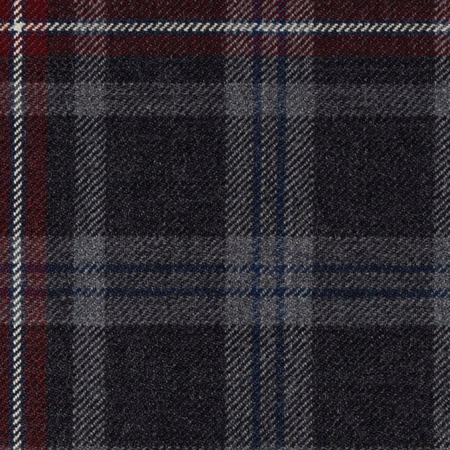 Dark charcoal tartan with muted blue, grey and burgundy lines in a twill weave