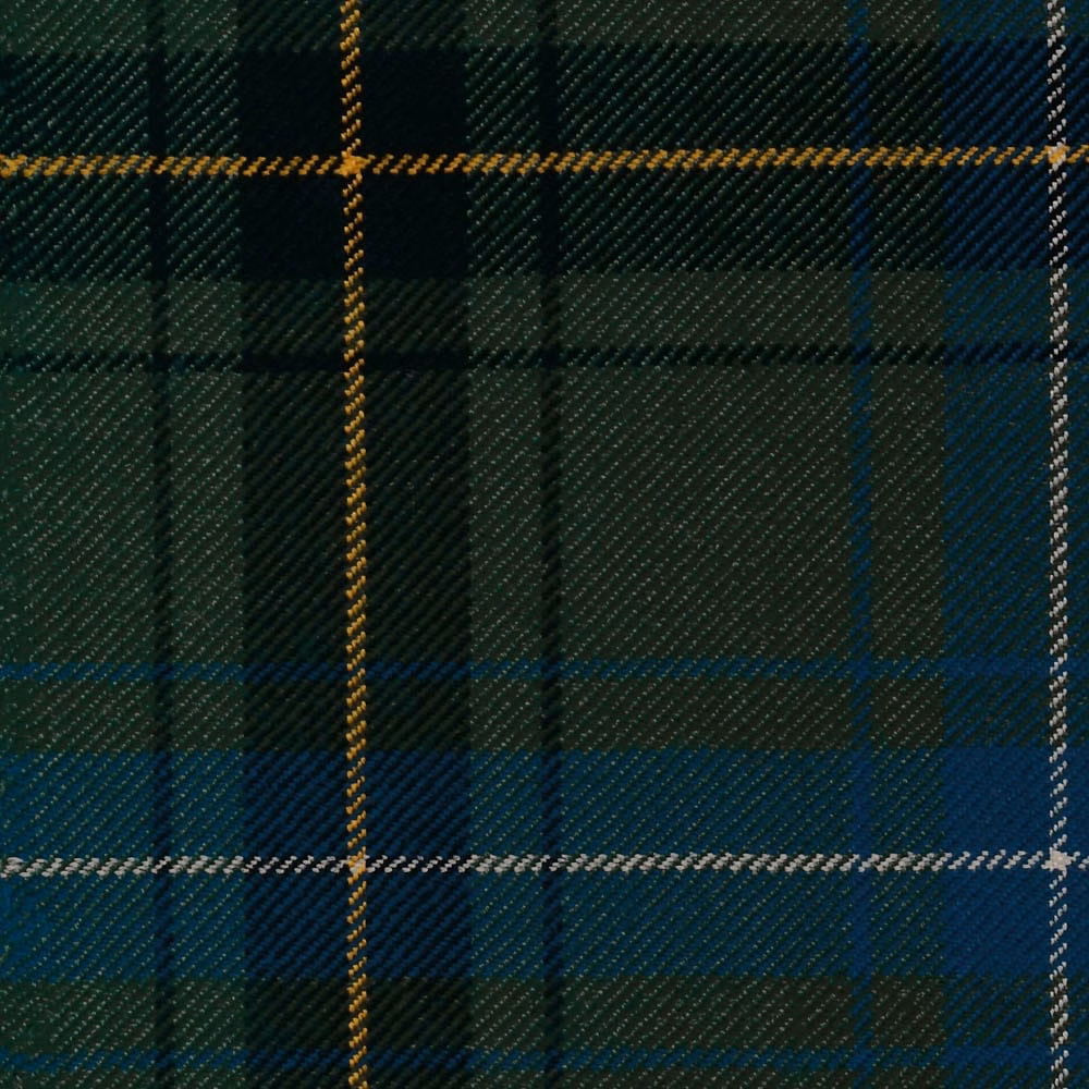 Deep forest green and navy tartan with mustard lines in a close twill weave