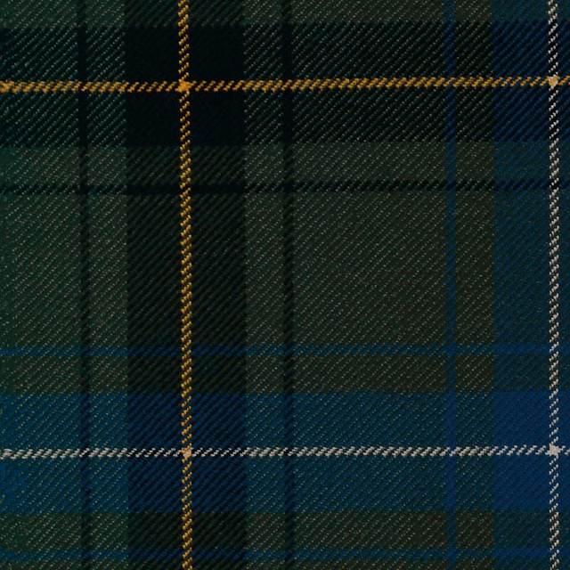 Deep forest green and navy tartan with mustard lines in a close twill weave