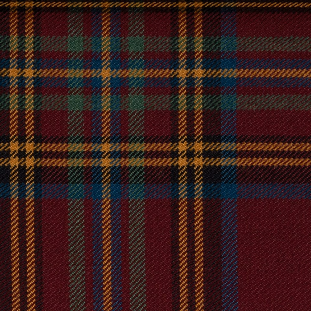 Deep burgundy tartan with mustard, teal, navy and olive woven checks