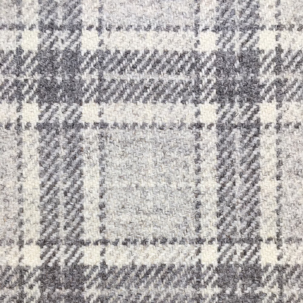 Cool grey and cream plaid with softly flecked, nubby woven texture