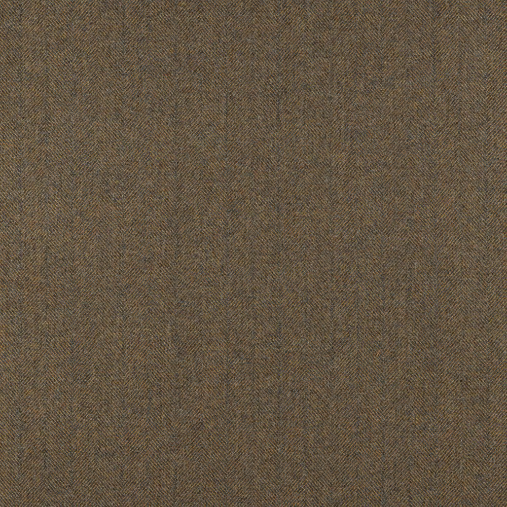 Close-up of brown-taupe Herringbone Lava fabric with rust flecks and fine chevron weave
