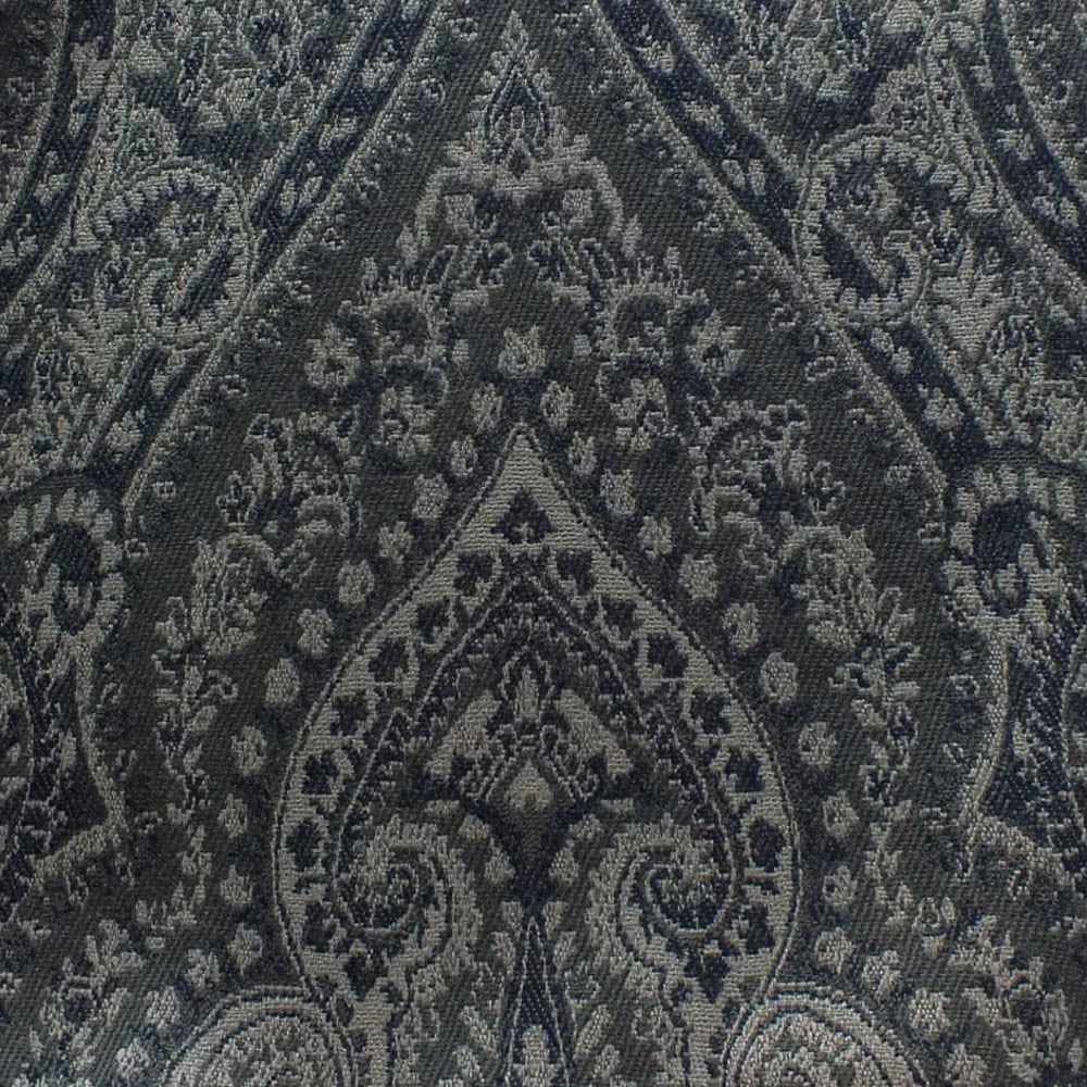 Dark midnight blue-grey jacquard showing a dense, symmetrical damask motif
