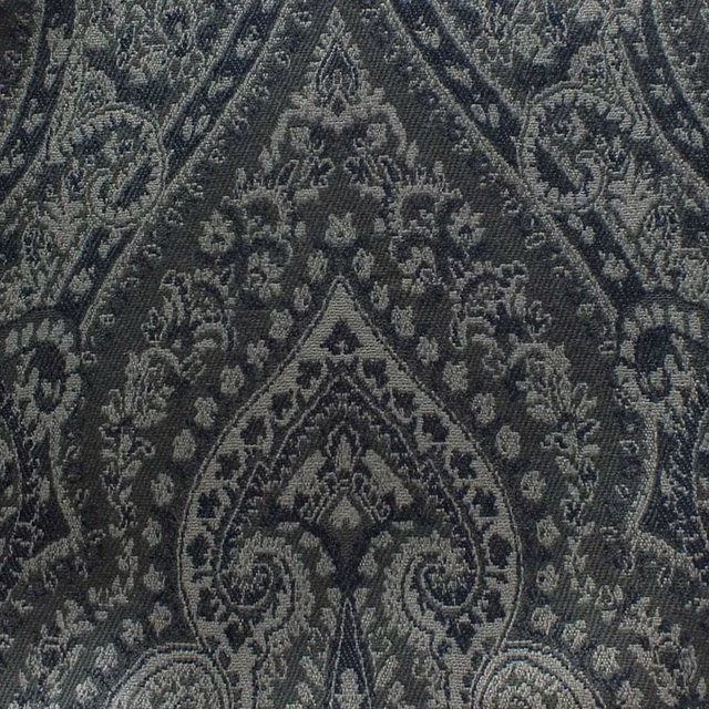 Dark midnight blue-grey jacquard showing a dense, symmetrical damask motif