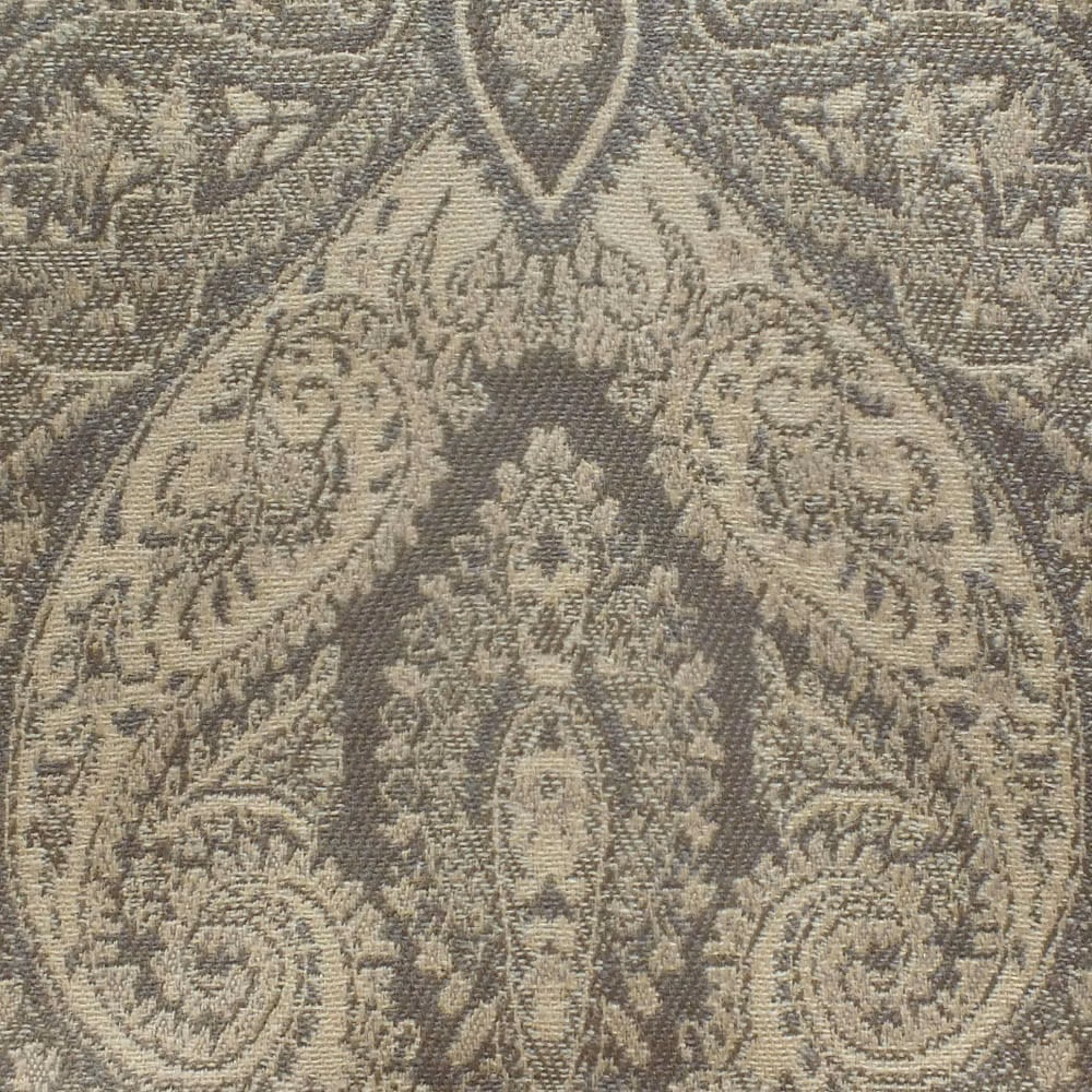 Muted sand-beige woven damask with ornate paisley medallions and tactile surface