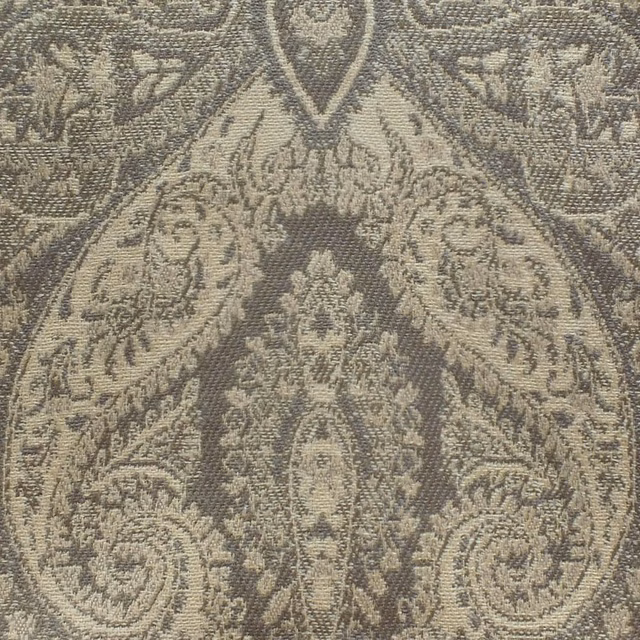 Muted sand-beige woven damask with ornate paisley medallions and tactile surface