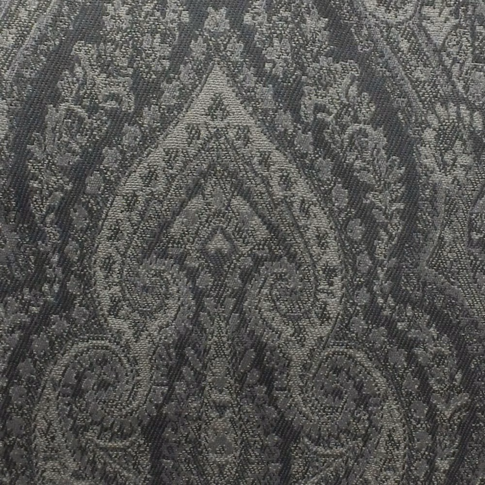 Charcoal silver woven fabric with tonal diamonds and scrolling ornamental motifs