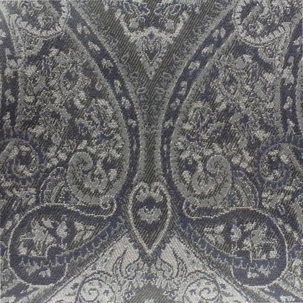 Close view of steel-grey woven damask with curling paisley motifs and textured tonal threads
