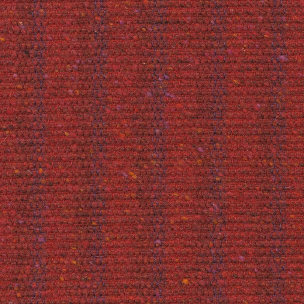 Close-up of deep garnet red woven stripe fabric with purple and ochre flecks