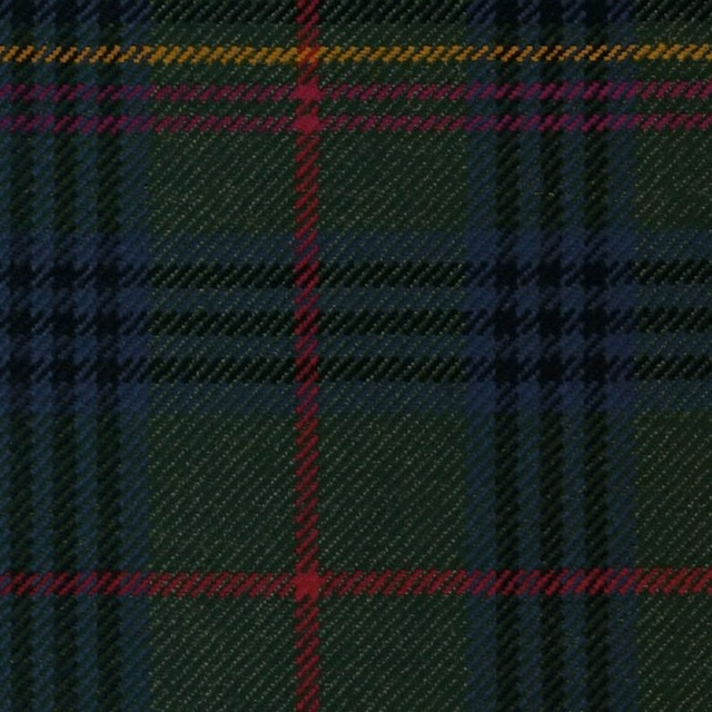 Deep forest-green tartan with navy, burgundy and ochre crossing stripes
