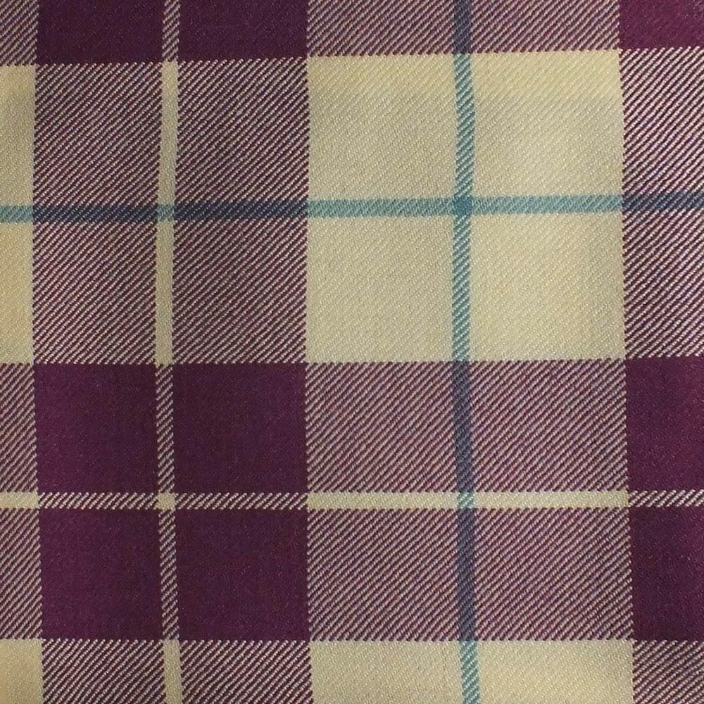 Deep magenta and cream plaid with muted teal lines in a woven texture