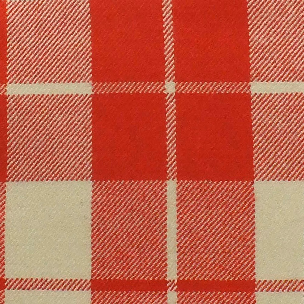 Warm red and cream checked fabric with fine diagonal woven texture