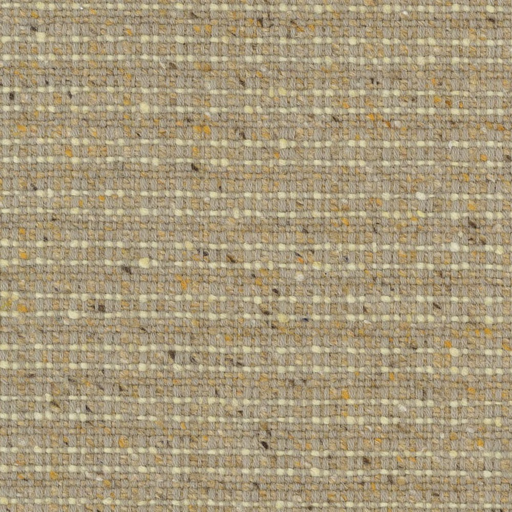 Close-up of warm taupe woven fabric with cream slubs and tiny ochre flecks