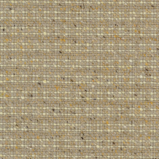 Close-up of warm taupe woven fabric with cream slubs and tiny ochre flecks