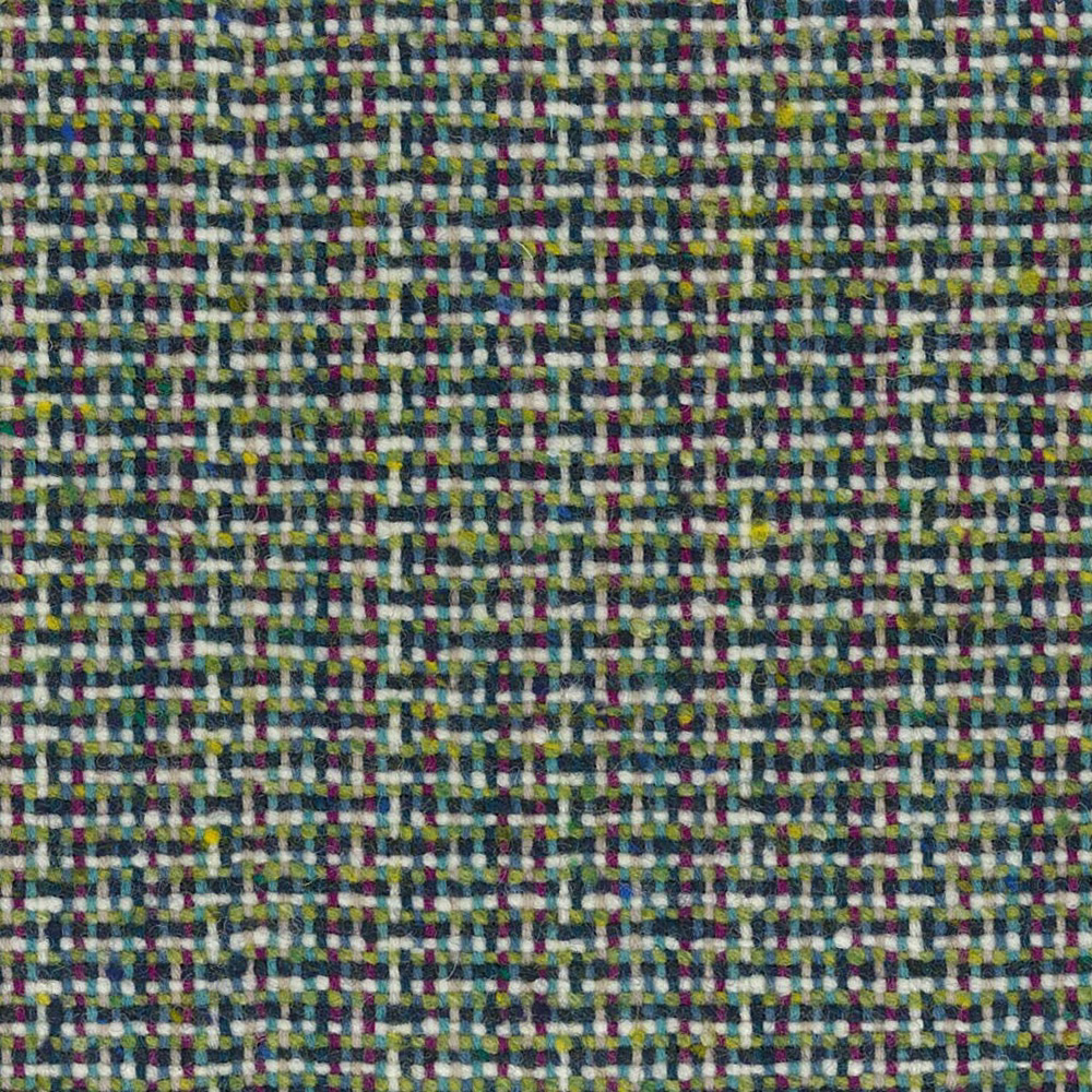 Close-up of olive green checked weave with buttercup yellow, cream, navy and burgundy flecks